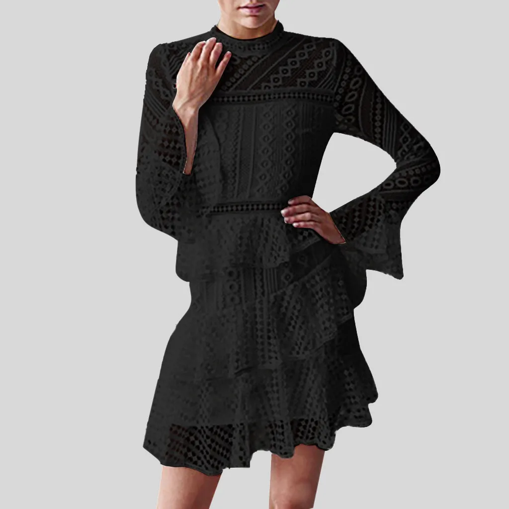 JAYCOSIN женское мини платье женская зимняя мода длинный рукав фонарик кружевное