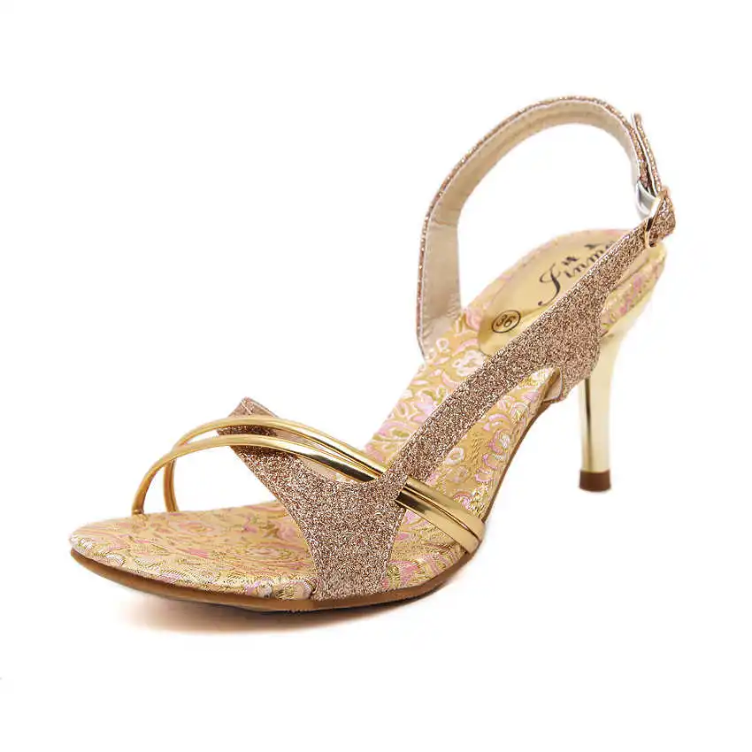 

Summer new sexy nightclub high heeled sandals gold women's shoes fish mouth buckle thin heeled sandals