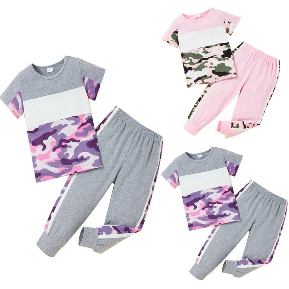 

Girls Short Sleeve Splicing Two Piece Set Pink Grey Camouflage Round Neck Cotton Loose Casual Pants Suit Summer