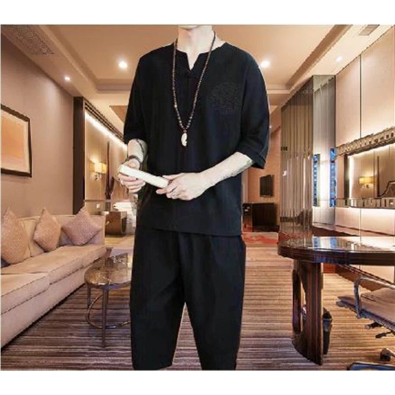 

Chinese Retro Shirt Men Tops Summer Linen Style Casual V-Neck Solid Color Plus Size Embroidery Traditional Asian Tang Suit 2021