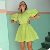 green cotton backless casual a line women dresses round collar sexy summer hollow out mini dress chic puffed sleeve dress female