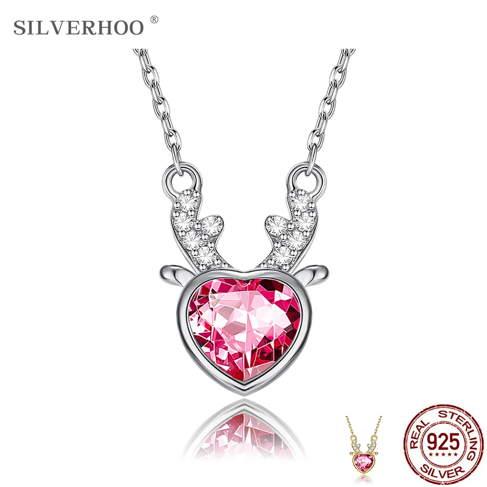 

SILVERHOO 925 Sterling Silver Pendant Necklace For Women Zircon set of deer hearts Necklaces Party Fine Jewelry The New Listing