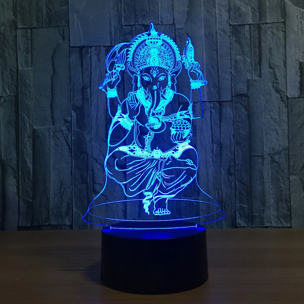 3D светодиодный ночник индийский лорд слон визуальный 7 цветов Ganesha настольная