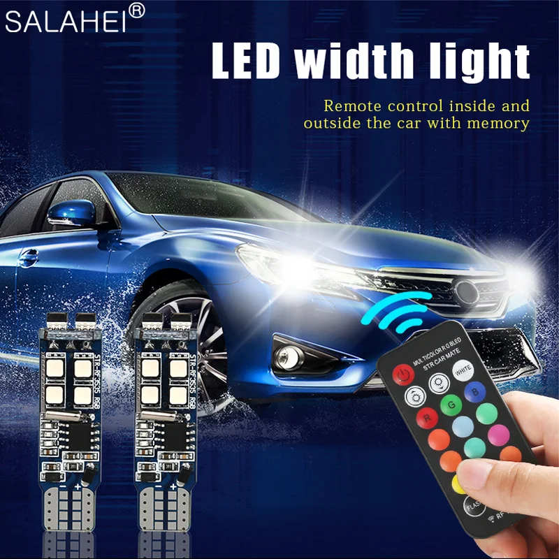 2PCS T10 W5W 3535 RGB Bulbs COB Canbus 194 168 Car Flash/Strobe Reading LED Width Light Clearance Lights With RF Remote Control
