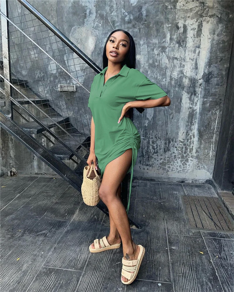 

Thorn Tree Casual Short Sleeve T-shirt Dress Fashion 2021 Summer V-neck Button Up Clothes Women Side Drawstring Loose Mini Dress