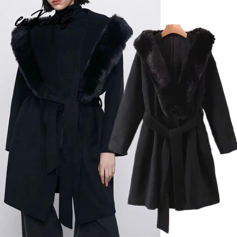 winter long za coat women england style vintage Wool collar splicing hooded oversize sashes thick woolen overcoat women