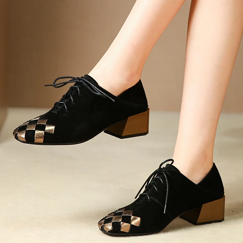 Harga Niat Asli Sepatu Ujung Persegi Tumit Persegi Sepatu Wanita Warna Campur Hitam Emas Grid Sepatu Modis Wanita Sepatu Kantor Dewasa
