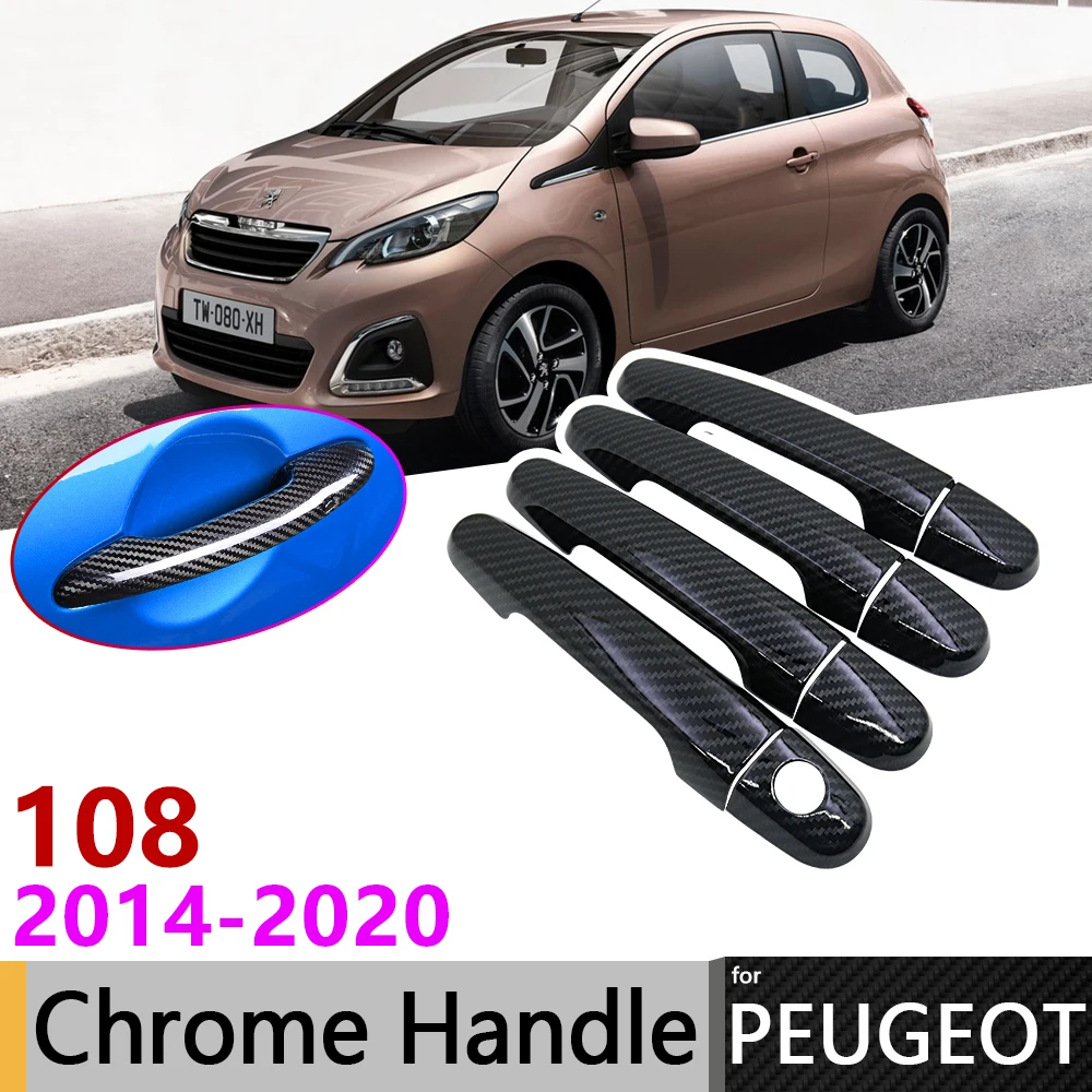 Black Carbon Fiber Exterior Door Handle Cover for Peugeot 108 2014~2020 2015 2016 2017 2019 Accessories Stickers Trim Set Chrome