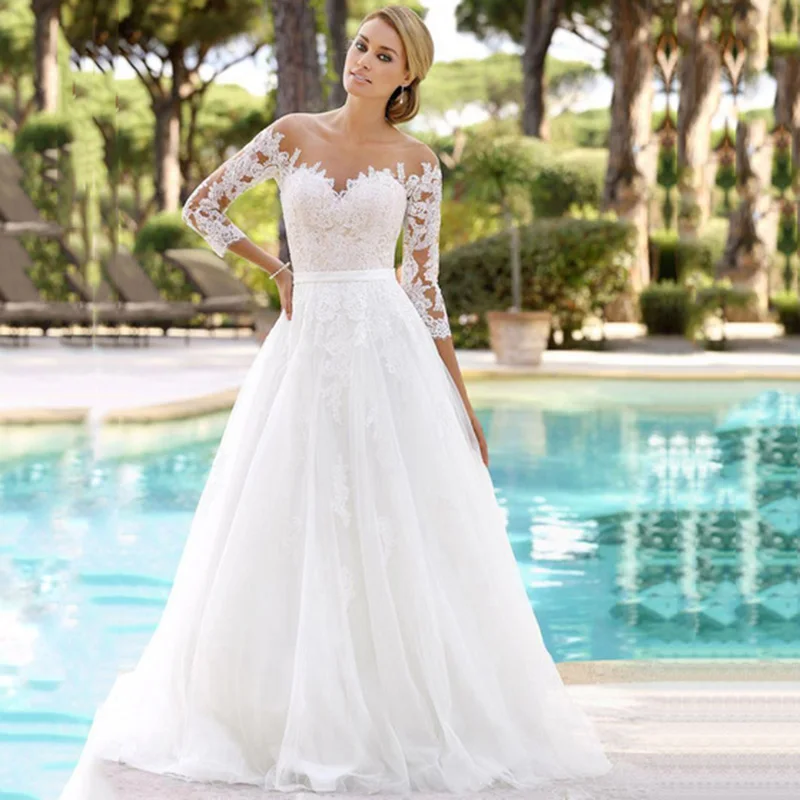 

Beach Wedding Dress 2020 New Elegant Short Sleeves V neckline Chiffon Vintage Wedding Gowns with Lace Bridal Dress