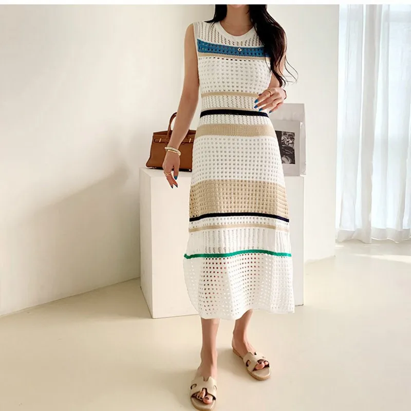 

ZAWFL 2020 Summer Fashion Hollow Out Knitted Dresses Women Sleeveless Striped Patchwork Sweater Mermaid Dress Vintage