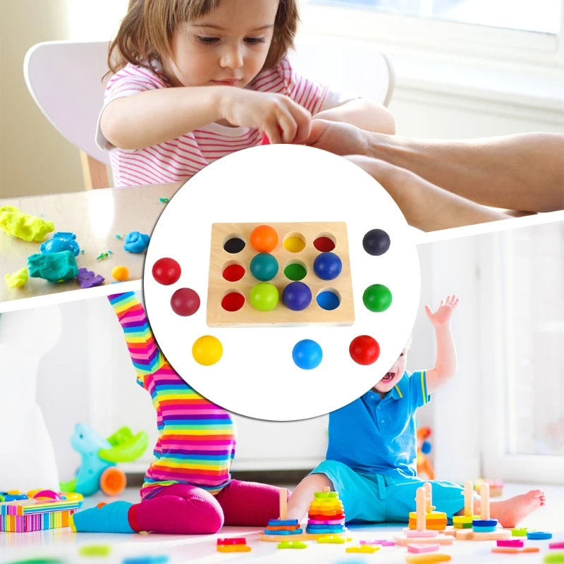 

Wooden Matching Game Board Children Learning Montessori Color Sorter w/ 12Beads