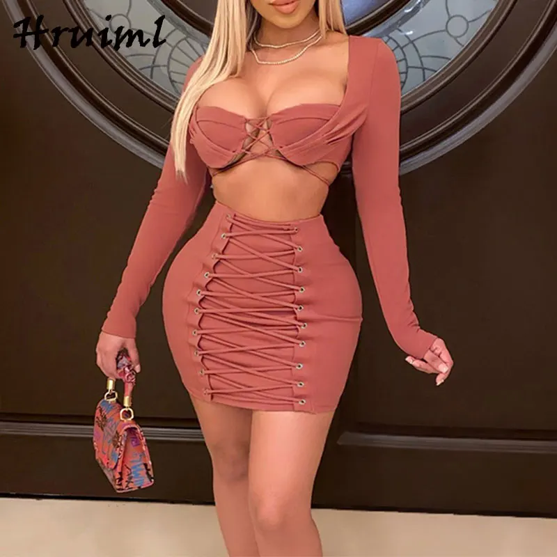 

Skirt and Top Set Fashion Skinny Sexy Club Outfits for Women Matching Sets Exposed Navel Night Club Drawstring 2 Piece Set Women