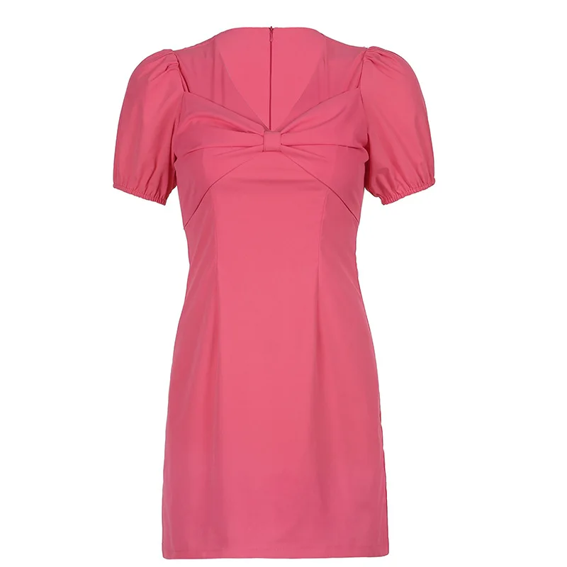 

2021 New Women's Dress Solid Color Bowknot Pleated V-neck Dress Female Temperament Bubble Short-sleeved A-line Skirt