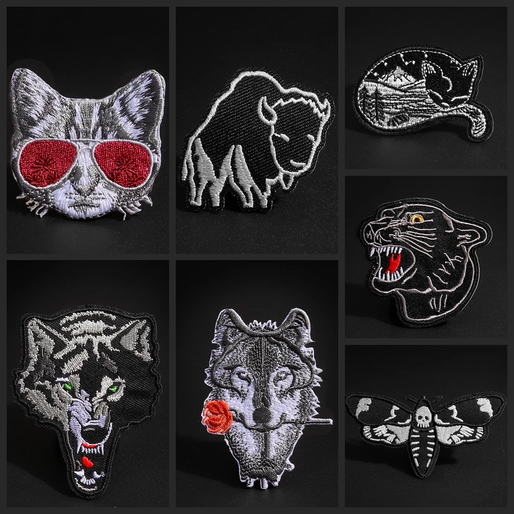 Мультяшные черные нашивки оптовая продажа крутые с котом розой волком леопардом