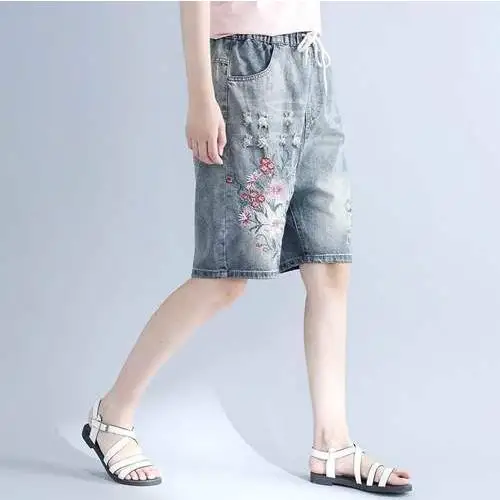 Винтажные пляжные летние джинсы с вышивкой женские Капри эластичным поясом и