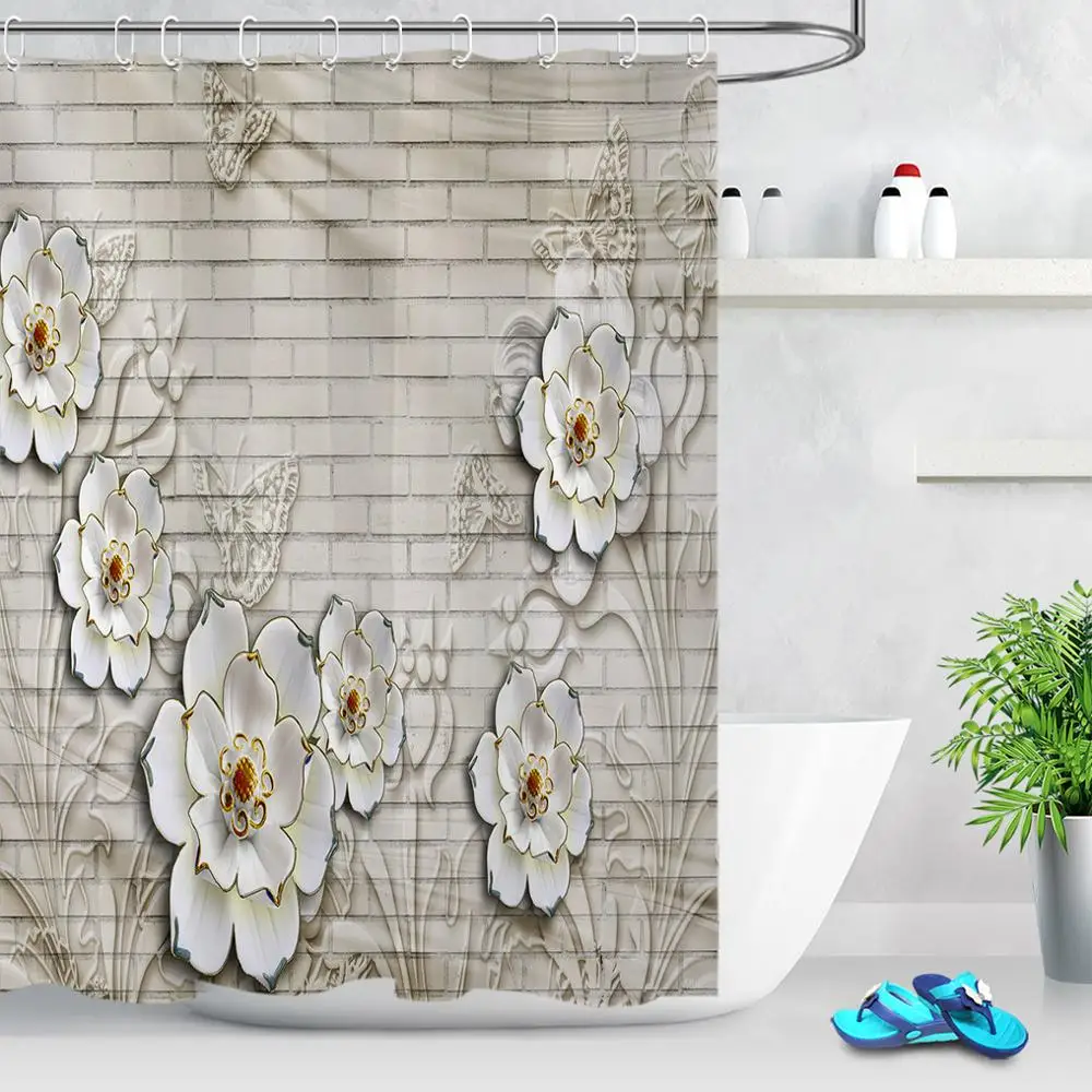 

Butterfly Flower Shower Curtains Bathroom Decor Baroque Bath Shower Curtain Floral Waterproof Fabric Curtain with Hooks