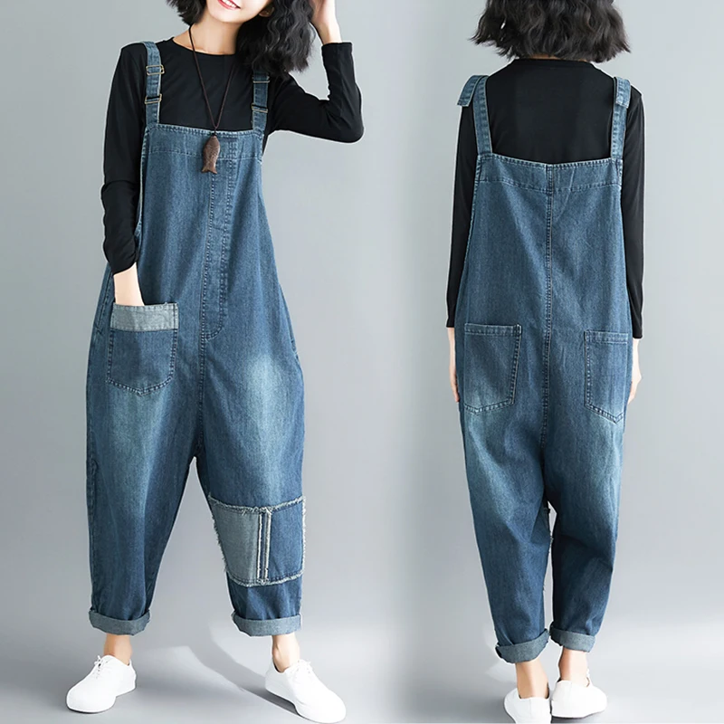 

High Quality Women Fashion Suspender Trousers Blue Jeans Pants Ladies Loose Causal Pockets Rompers Denim Jumpsuits Overalls