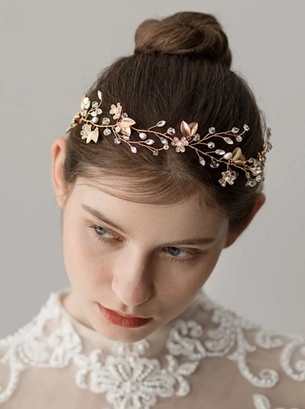 Женская свадебная повязка на голову с кристаллами и листьями|Свадебные головные