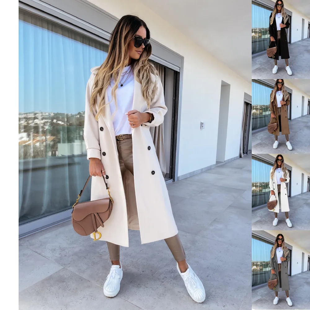 

New suit collar double-breasted Nizi Coat Solid Long Sleeve Pocket Classic Outwear Plus Streetwear Female Clothes Trench Jacket