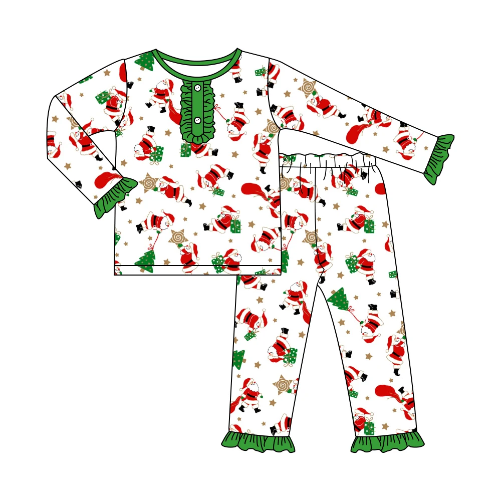 

Autumn Clothes Green Cuff Long Sleeve Top And White Trousers Christmas Old Man And Christmas Tree Print Pattern Girls Pajamas