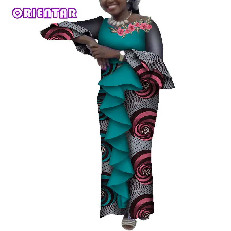 2019 Women African Dresses Flare Sleeve Pleated Decoration African Print Dresses Long Floor-Length Dress Bazin Riche WY4581