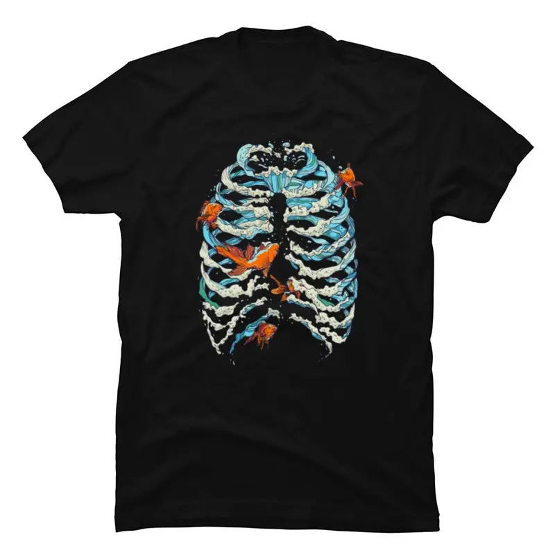 

Koi Carp Fish Chest Skeleton Black Tshirt Casual Lovers Day Cotton Discount Men Tops Tees Fall Winter Camisa Tee Shirt