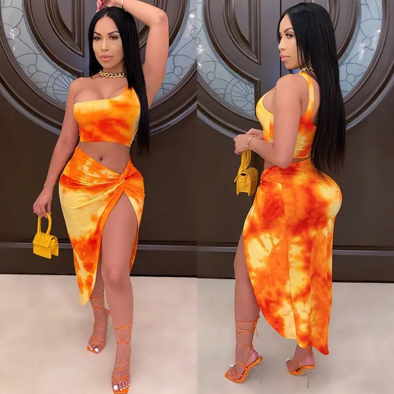 

ZKYZWX Sexy Tie Dye Two Piece Set Tracksuit Women Fall Clothing One Shoulder Crop Top and Skirt Suit Club Outfits Matching Sets