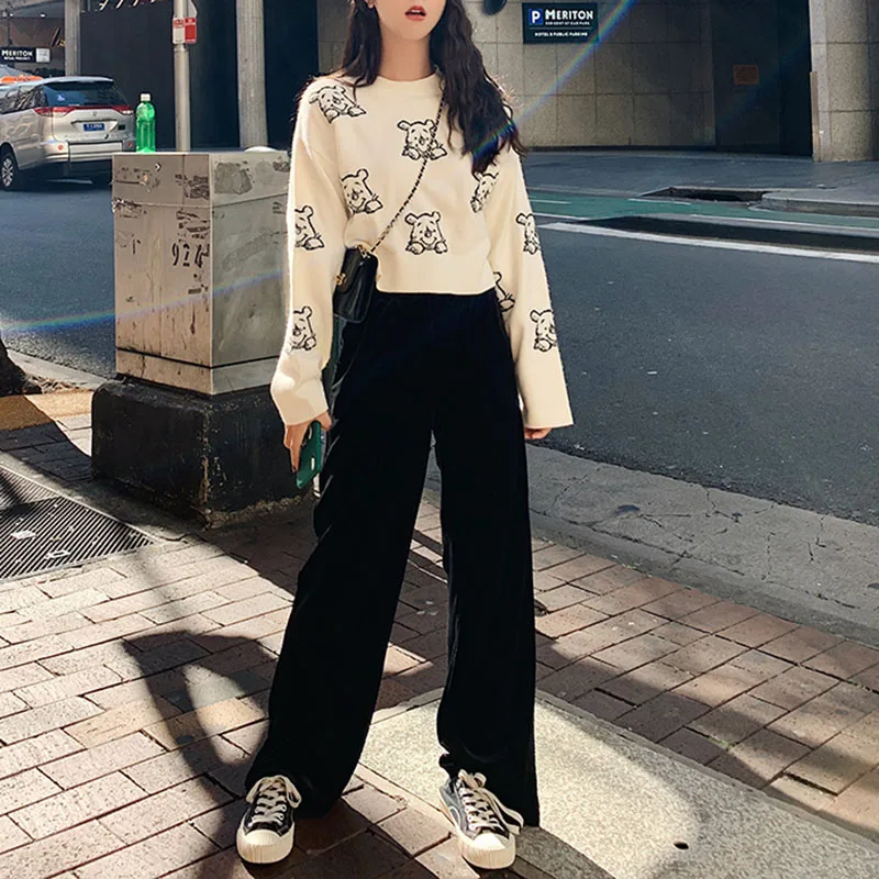 Women Cute Crop Sweater Top 2019 Autumn Crew Neck Long Sleeve Short Knit Pullovers Sweaters Bear Jacquard Loose Jumper | Женская одежда