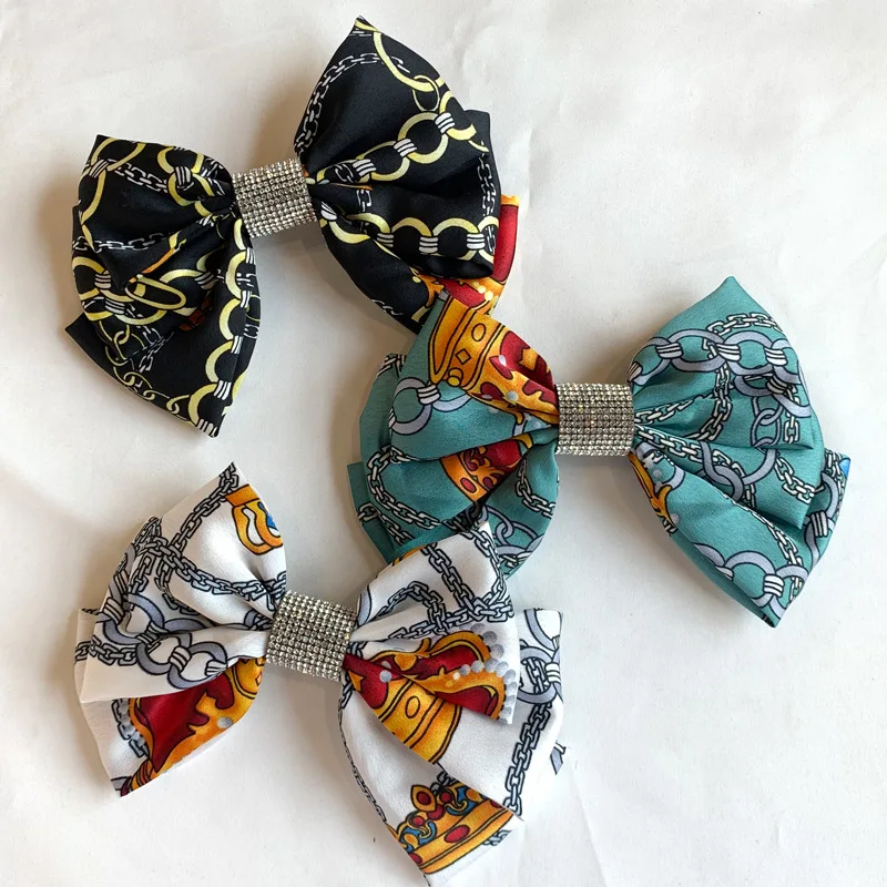 

Модные новые корейские аксессуары для волос с принтом цепей трехслойные зажимы для волос с бантом Стразы зажим для волос