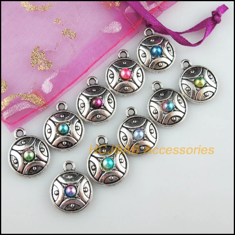 

10Pcs Tibetan Silver Tone Round Mixed Acrylic Flower Charms Pendants 16x20mm