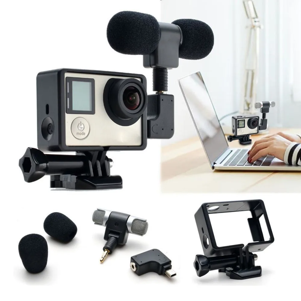 Для Gopro Hero 3/3+/4 мини стерео микрофон защитная рамка чехол крепление для Go Pro Экшн-камера 3,5 мм без шума мини-микрофон