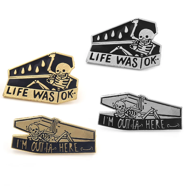 'LIFE WAS OK' Letter Skull Coffin Brooch Gothic Enamel Hat Shirt Accessories Halloween Gifts For Friends