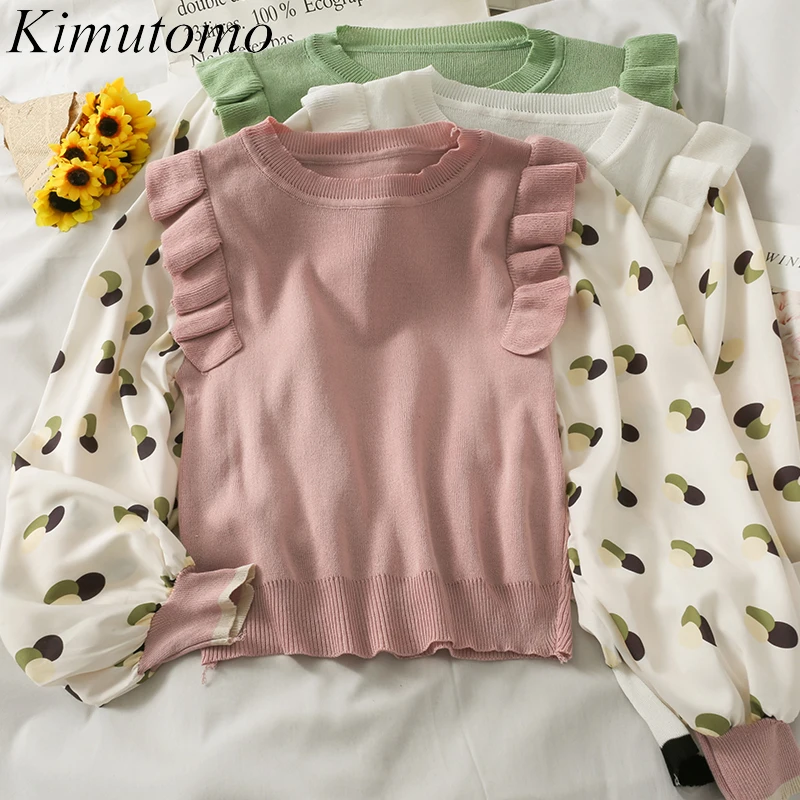 

Контрастный пуловер Kimutomo в стиле пэчворк, Женский вязаный элегантный свитер с длинным рукавом и круглым вырезом, имитация двух частей, с при...