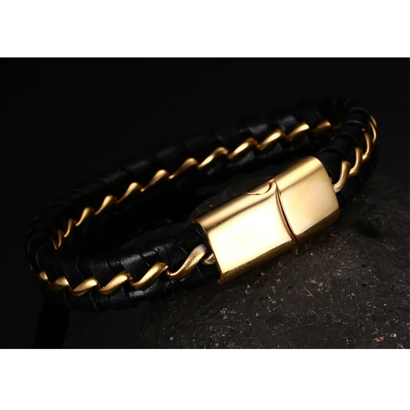 New Gold Steel Gun Black Color Stainless Braided Genuine Leather Bracelet 19/21/22cm Men Bangle Wrap Magnetic-Clasp | Украшения и