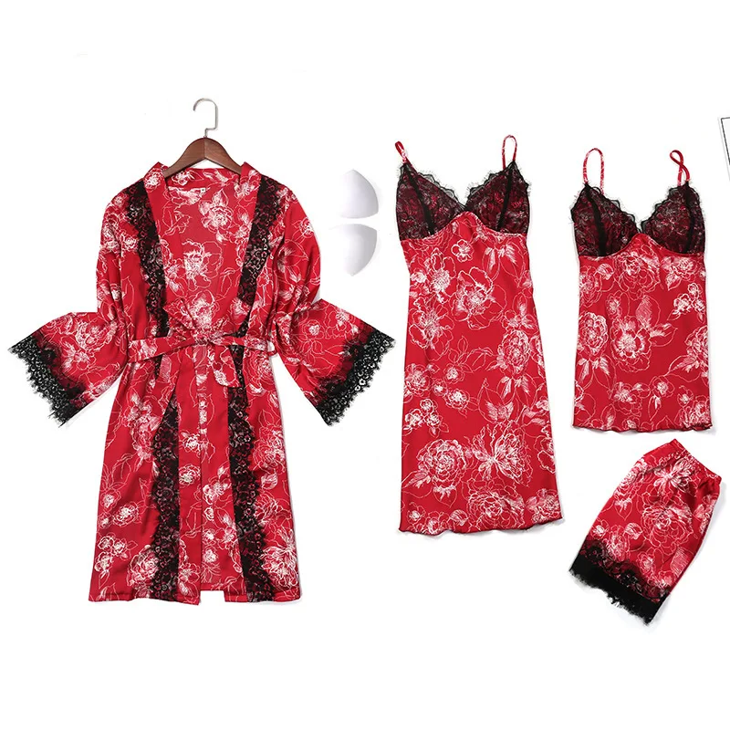

4PCS PAJAMAS Suit Sexy Printed Flower Sleepwear Women Loose Lace Sleep Set 3PCS Pyjamas Home Clothing Female Casual Nightwear