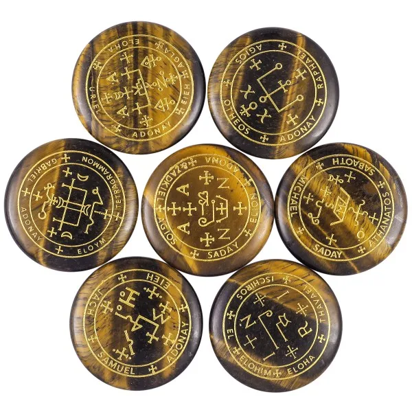 Tigers Eye TUMBEELLUWA Исцеление Кристалл полированный Выгравированный круглый ладонь беспокойтесь камень символ рейки Семь архангелов, набор из 7 - Цвет: Tigers Eye
