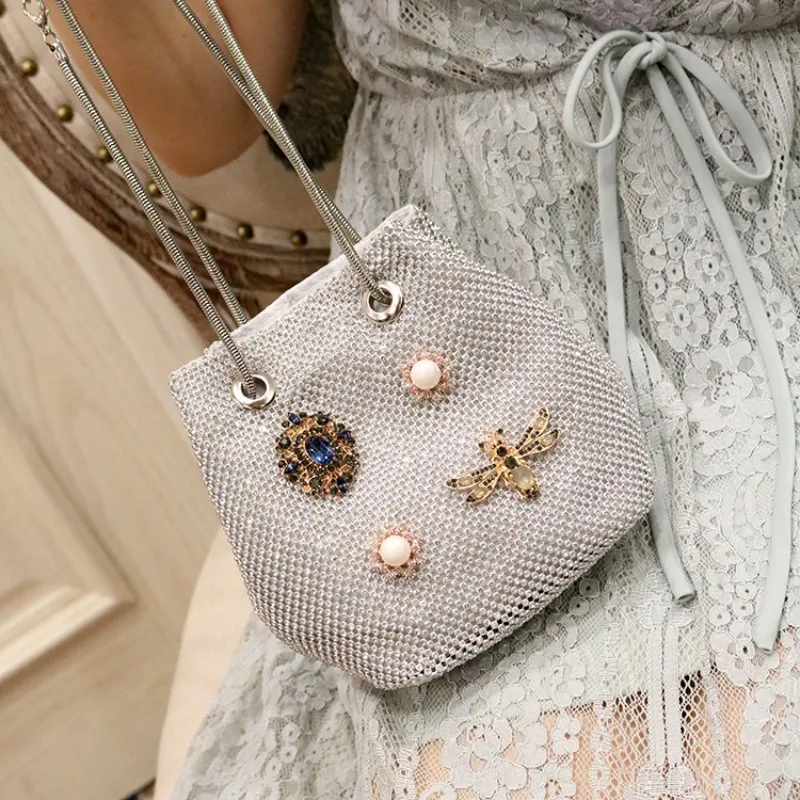 

New Women Handbag 2021 Evening Party Tote Diamonds Pearls Luxury Bag Chains Single Crossbody Bags Ladies Design Small Bucket Bag