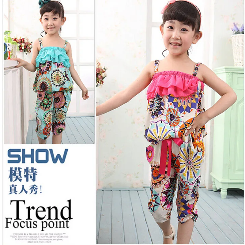 

JENYA Kids Summer Clothing Sets For Girls Floral Print Halter Top+Harlan Cropped Pants 2PC Suit For Baby Clothes Outfit Sets