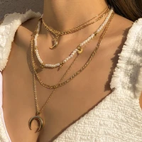 vintage multilayer bohemia seed beads pendant necklace women gold color beads moon horn crescent choker necklaces jewelry new