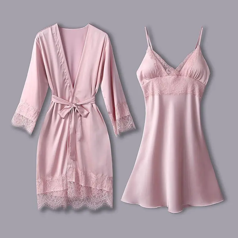 Blue Lace Sexy Nightwear Kimono Bathrobe Gown Satin Women Sleepwear Intimate Lingerie Home Clothing 2021 New 2PCS Sleep Set