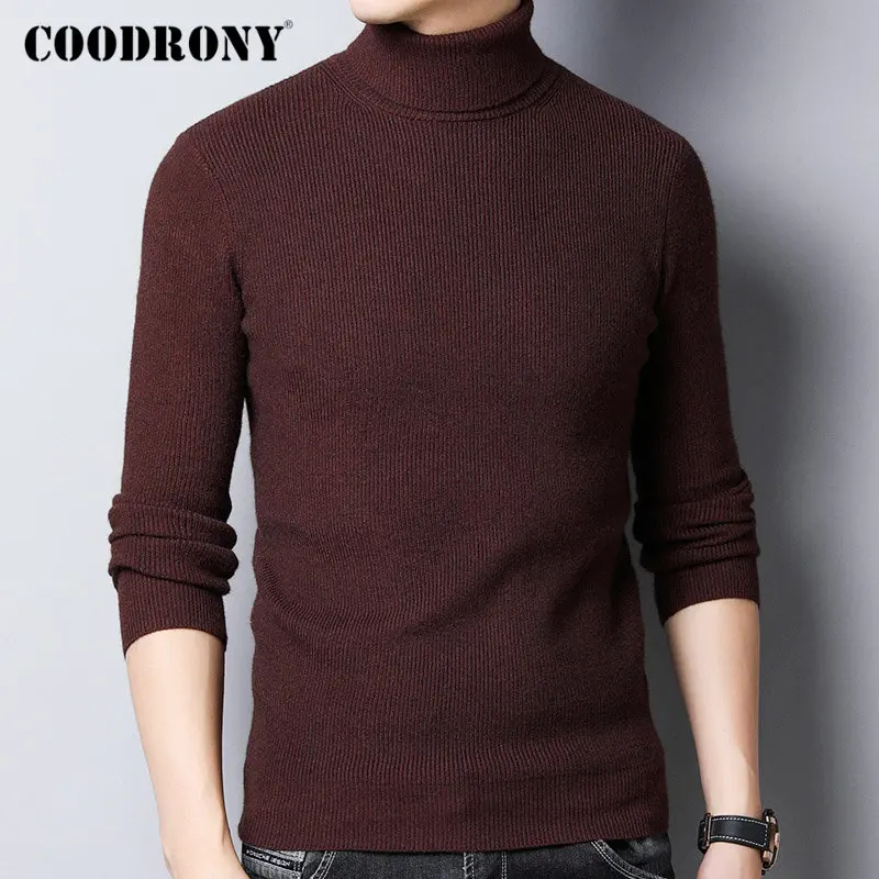 Коричневый COODRONY свитер для мужчин Уличная мода трикотаж кашемир водолазка Pull Homme осень зима толстый теплый шерстяной пуловер для мужчин 91099 - Цвет: Коричневый