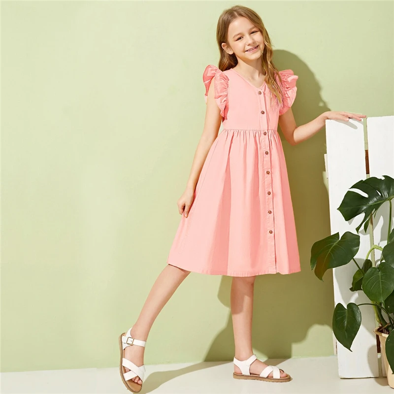 SHEIN/милое однотонное платье с v-образным вырезом и рюшами на пуговицах спереди для девочек-подростков; коллекция года; летние платья до колена с рукавами-крылышками