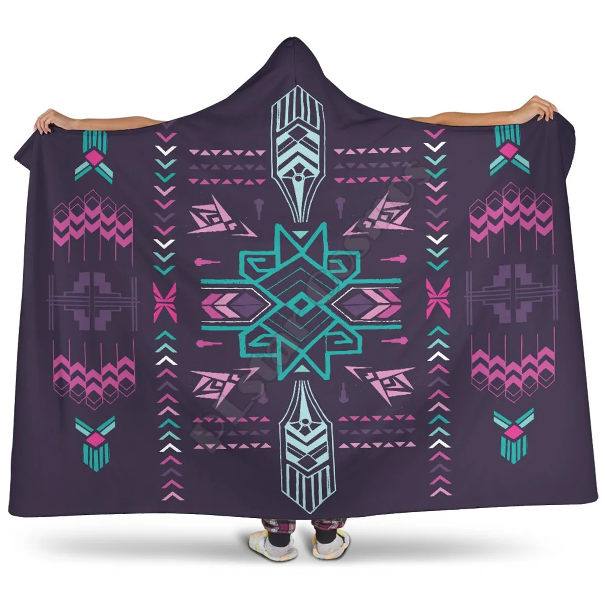 

Tribal Pattern Theow Hooded Blanket Adult colorful child Sherpa Fleece Wearable Blanket Microfiber Bedding style-1