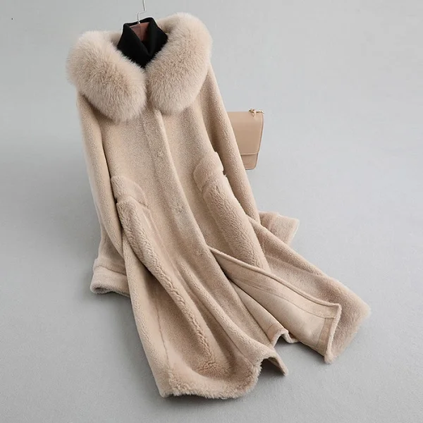 PUDI A19039 женская шуба из шерсти тонкая куртка с натуральным лисьим пальто с меховым воротником Женская зимняя теплая натуральная меховая шуба - Цвет: beige