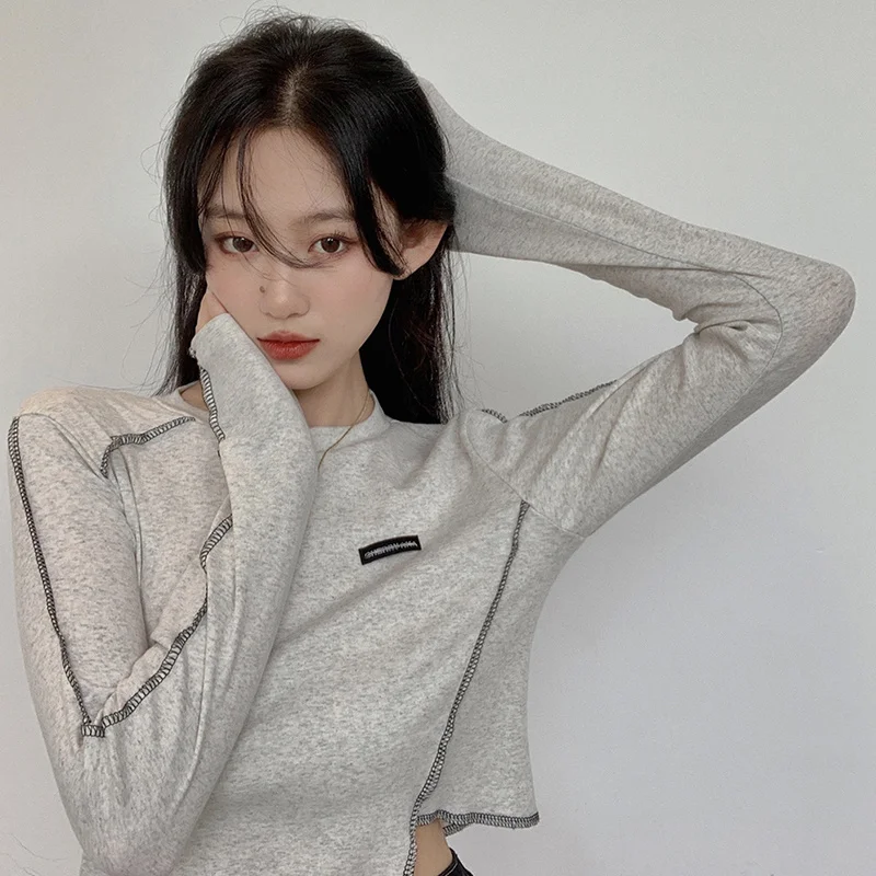 

Long-sleeved T-shirt for Women Spring and Autumn New Chic Short Top Irregular Design Slim Fit Inner Wear Bottoming Shirt Kio