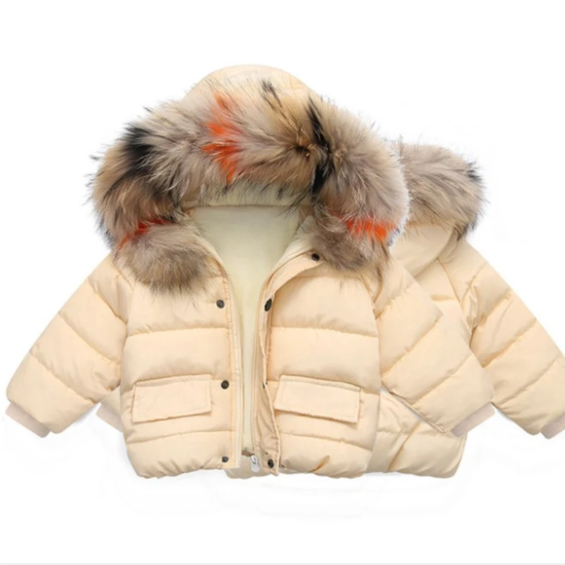 Beige Winter Fashion Girls Big Fur Collar Down Jacket Cotton Boy Hooded Jacket Thickening Children's Warm Cotton Jacket 3-8 years old - Цвет: Beige