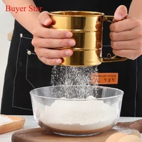 golden manual stainless steel flour sieve baking pastry tools durable bakeware sugar shaker metal mesh sieve cup kitchen gadget