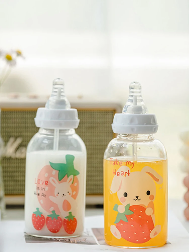 Стеклянная бутылка для соски из пищевого силикона с милым Кроликом соломенная
