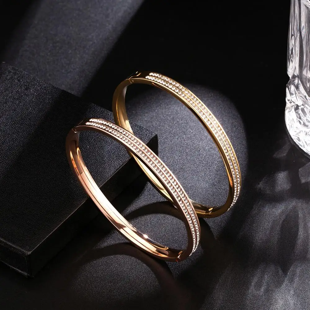 

Fashion Stainless Steel Zircon Crystal Bracelets Bangles For Women Cuff Bangles Luxury Wedding Party Rose Gold Jewelry Gifts