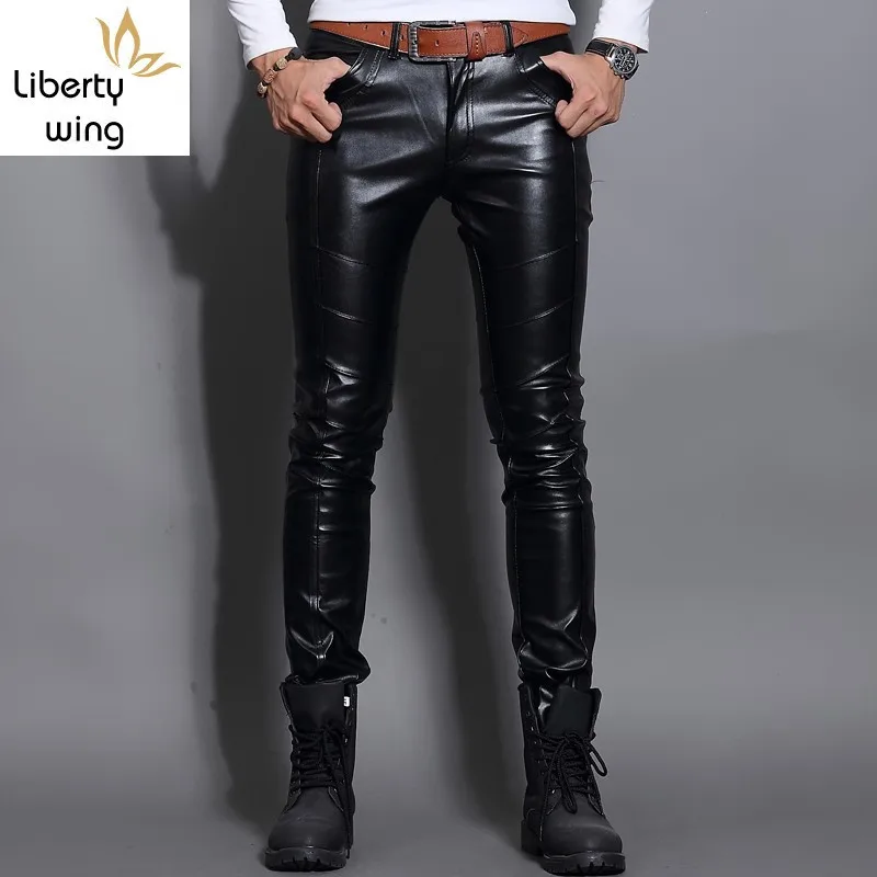 

New Fashion PU Leather Mens Winter Fleece Lining Motorcycle Punk Man Slim Fit Trousers Night Club Skinny Pants